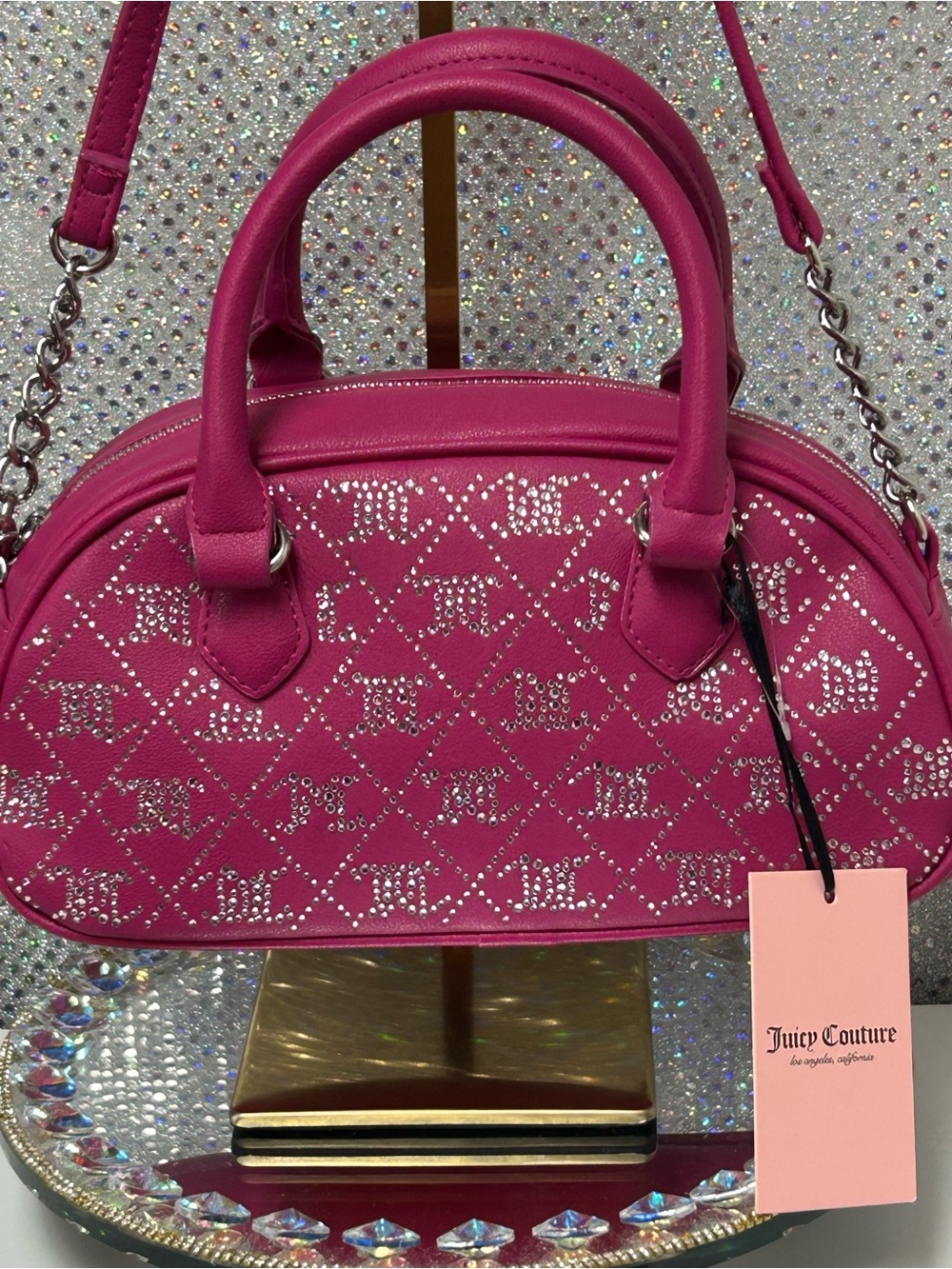 Juicy Couture Hot Pink Crystal Logo Dome Satchel Approx. 10.5 x 6 x 4